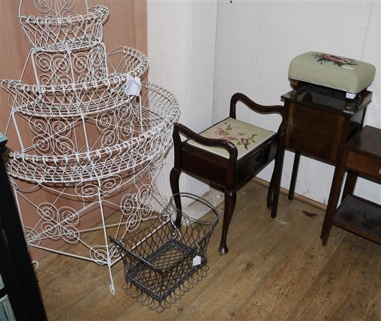 Two mahogany bedside cabinets, a wirework jardiniere, a tapestry footstool, a wine basket and a piano stool